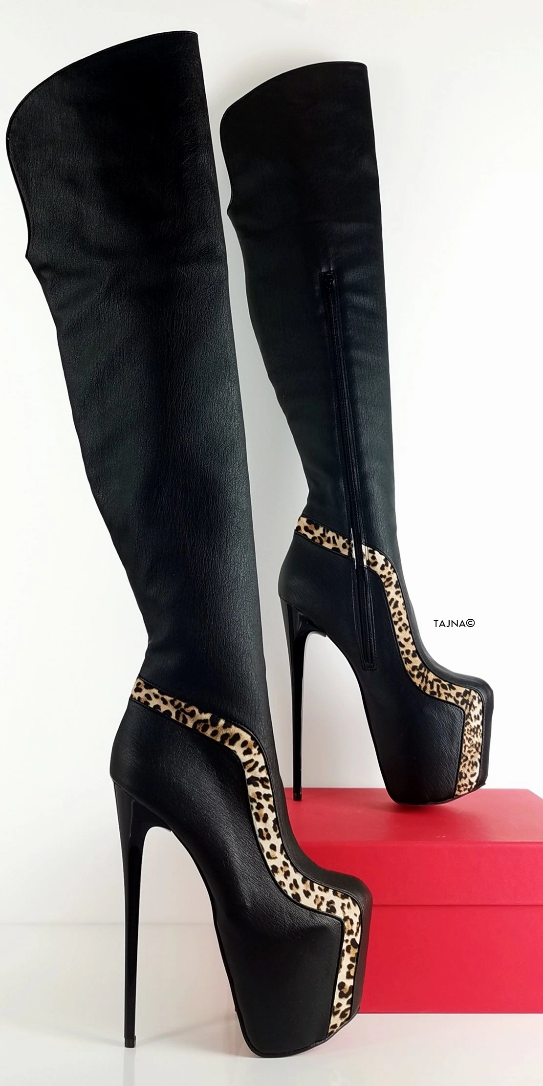 Black Leopard Detail Knee High Boots