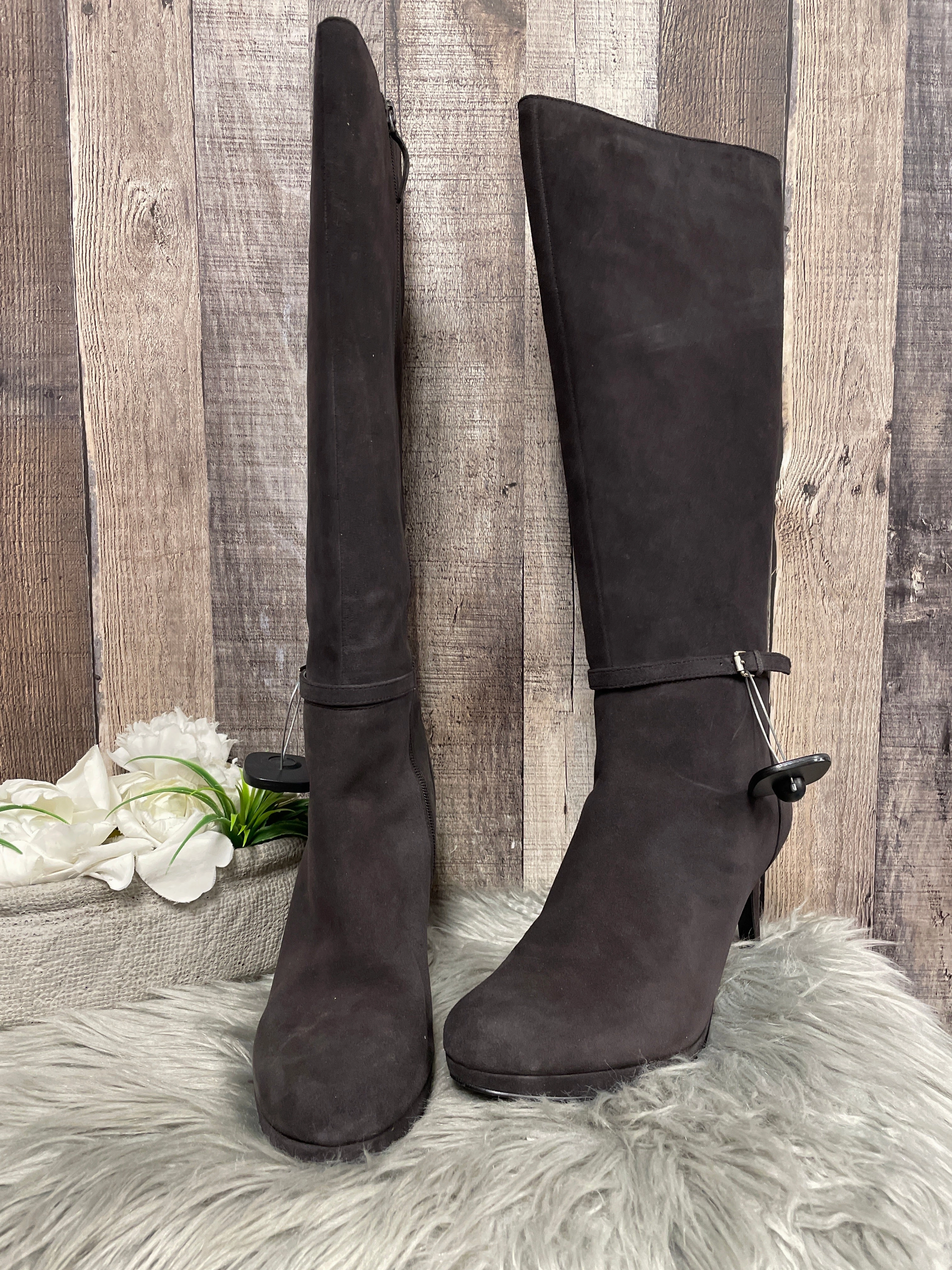 Boots Knee Heels By Nine West In Grey, Size: 11