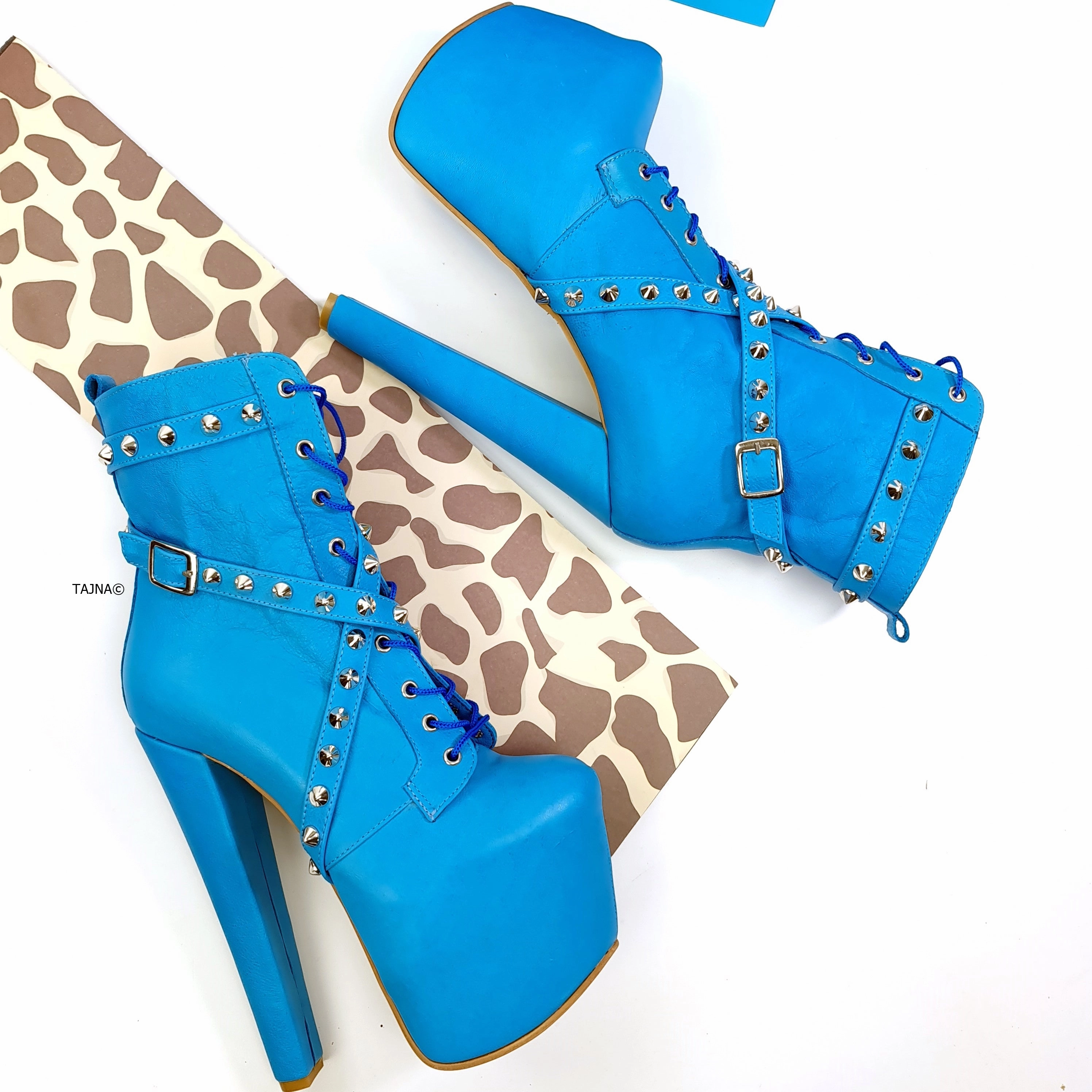 Doll Blue Spike Studs High Heel Rocker Boots