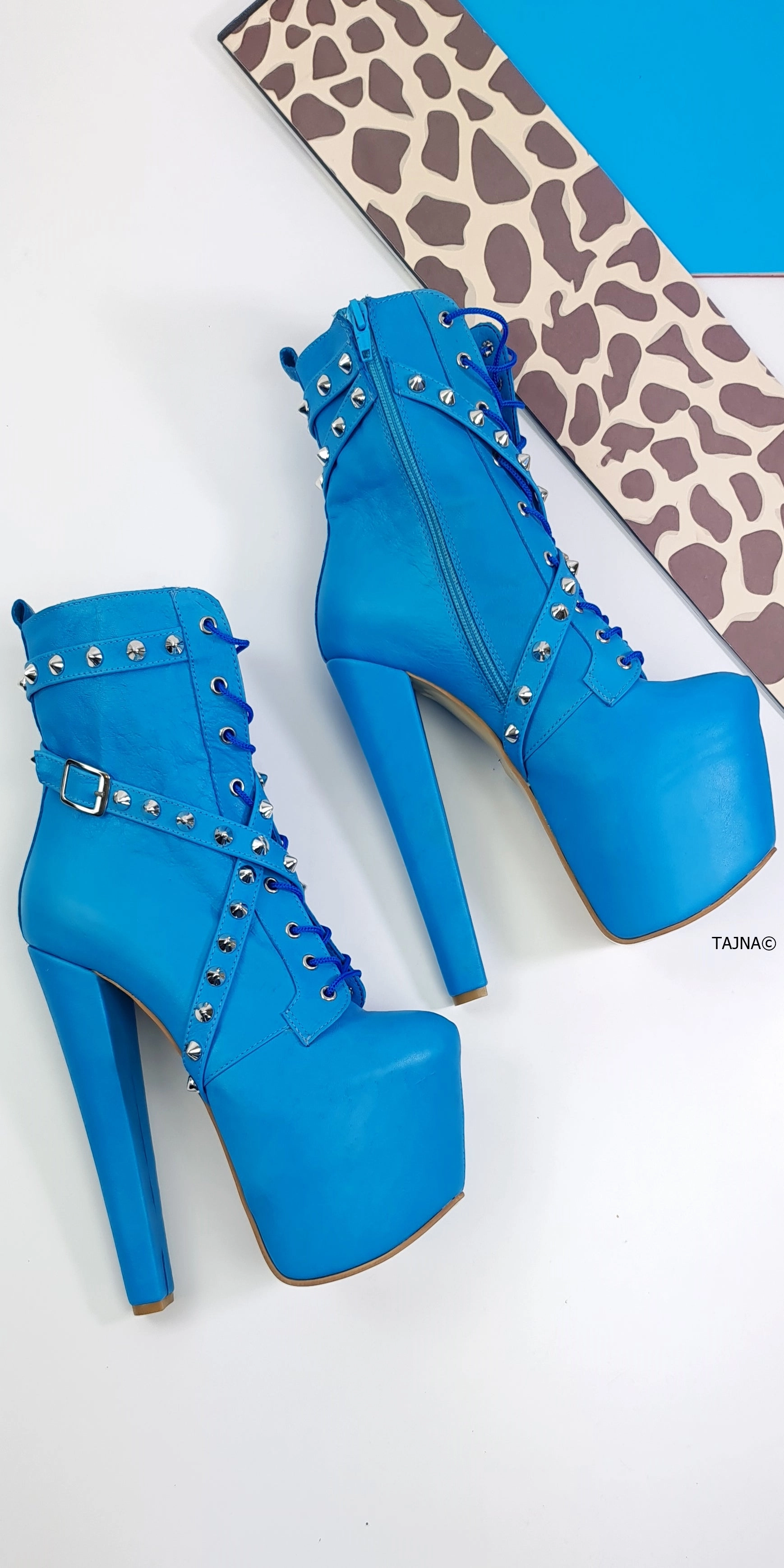 Doll Blue Spike Studs High Heel Rocker Boots