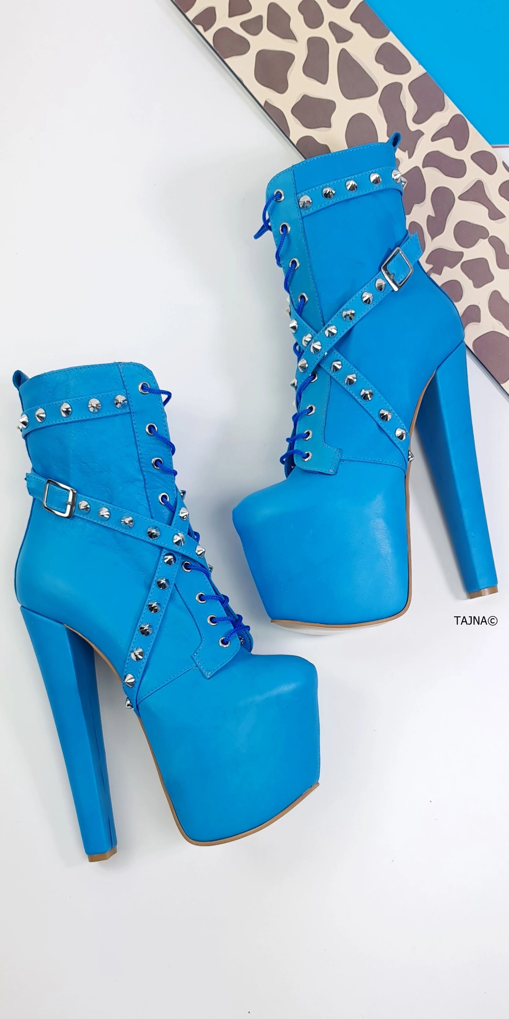 Doll Blue Spike Studs High Heel Rocker Boots