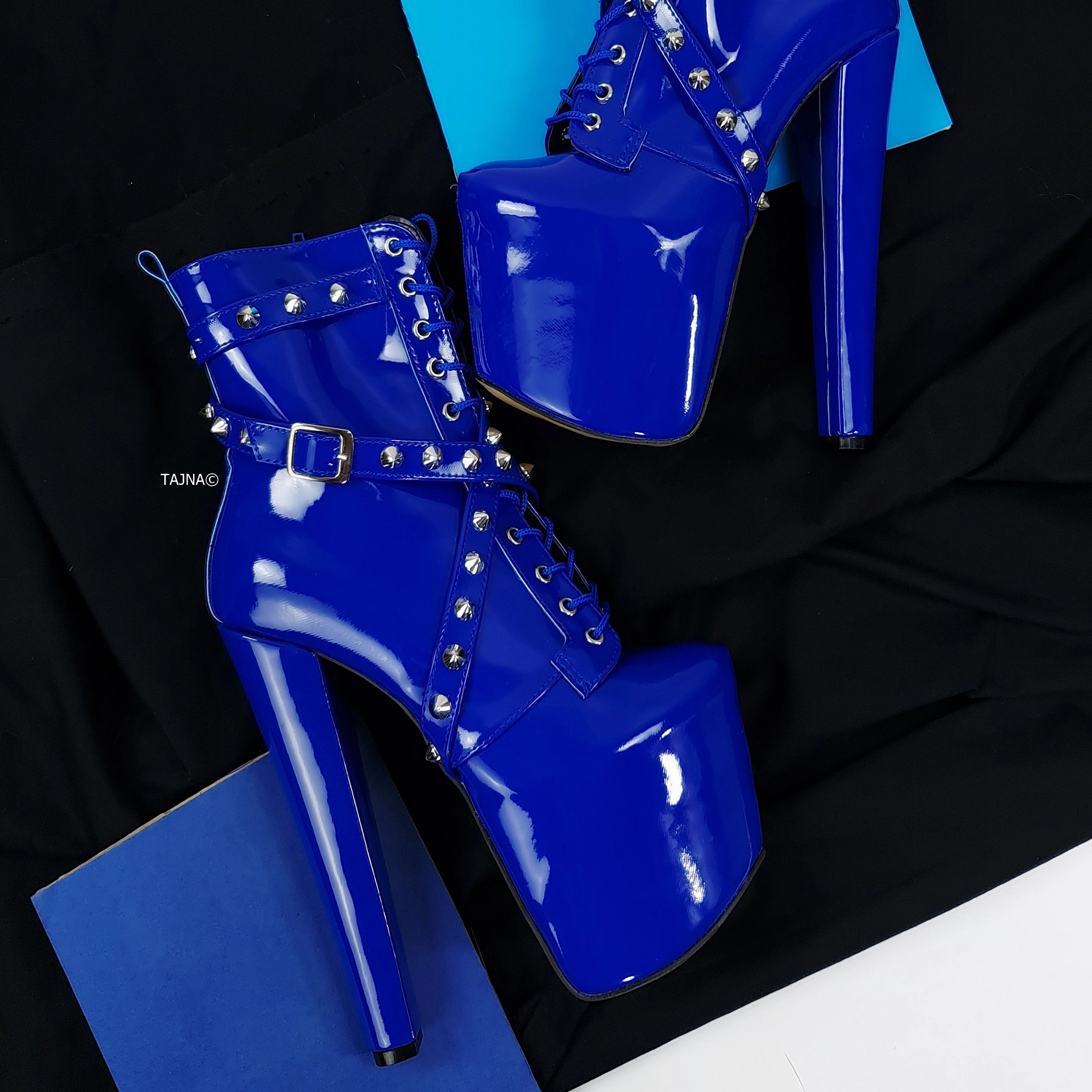 Electric Blue Spike Studs High Heel Rocker Boots