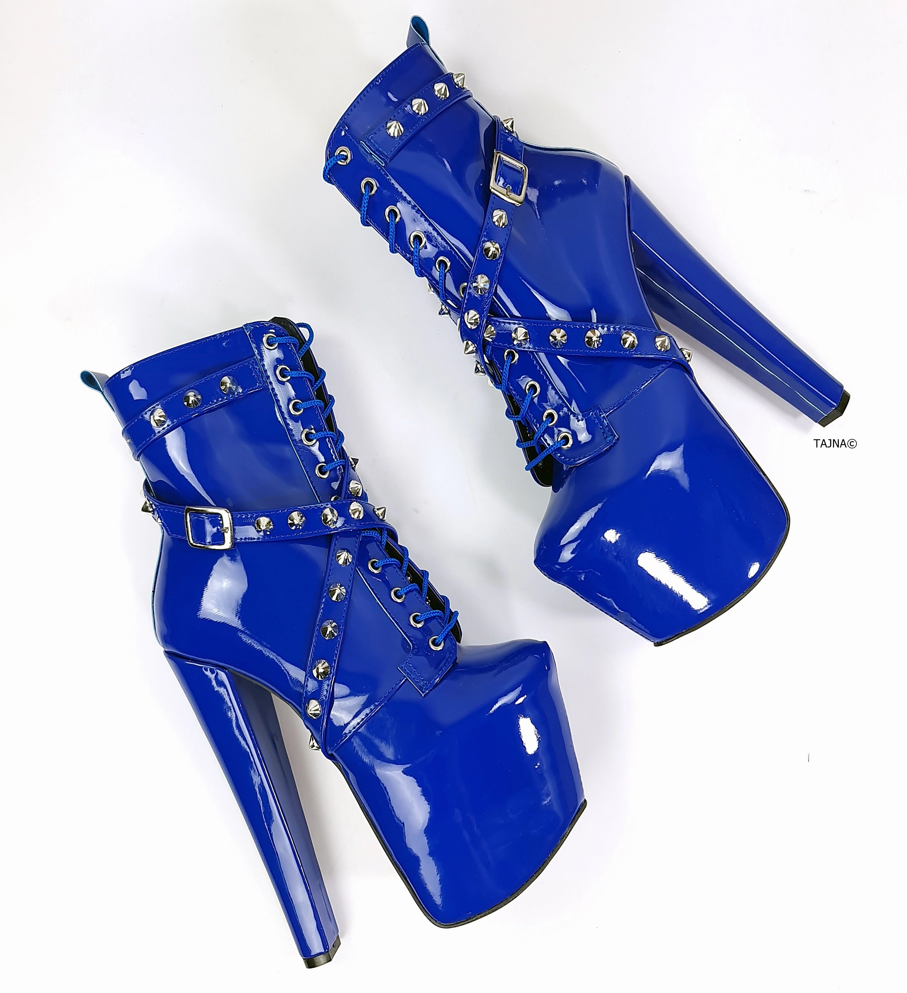 Electric Blue Spike Studs High Heel Rocker Boots