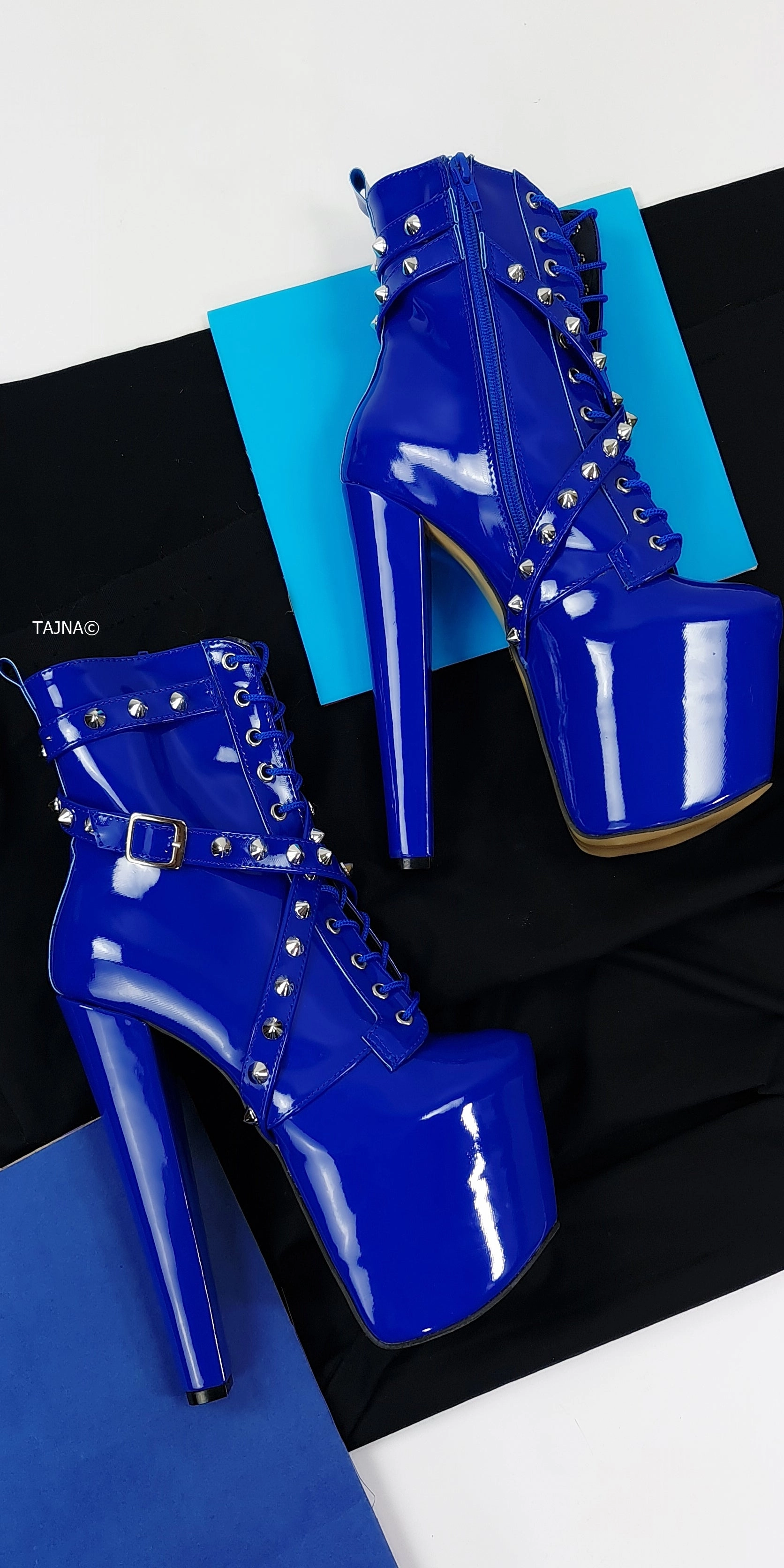 Electric Blue Spike Studs High Heel Rocker Boots