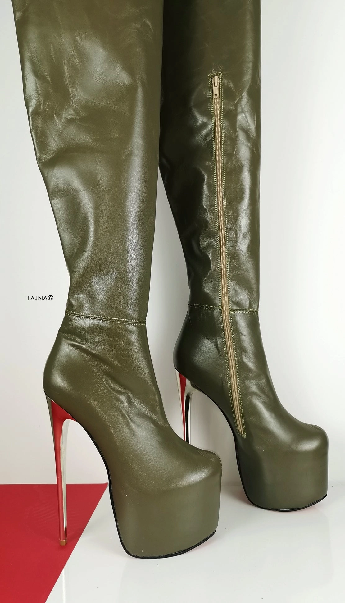 Genuine Leather Army Green Thigh High Boots