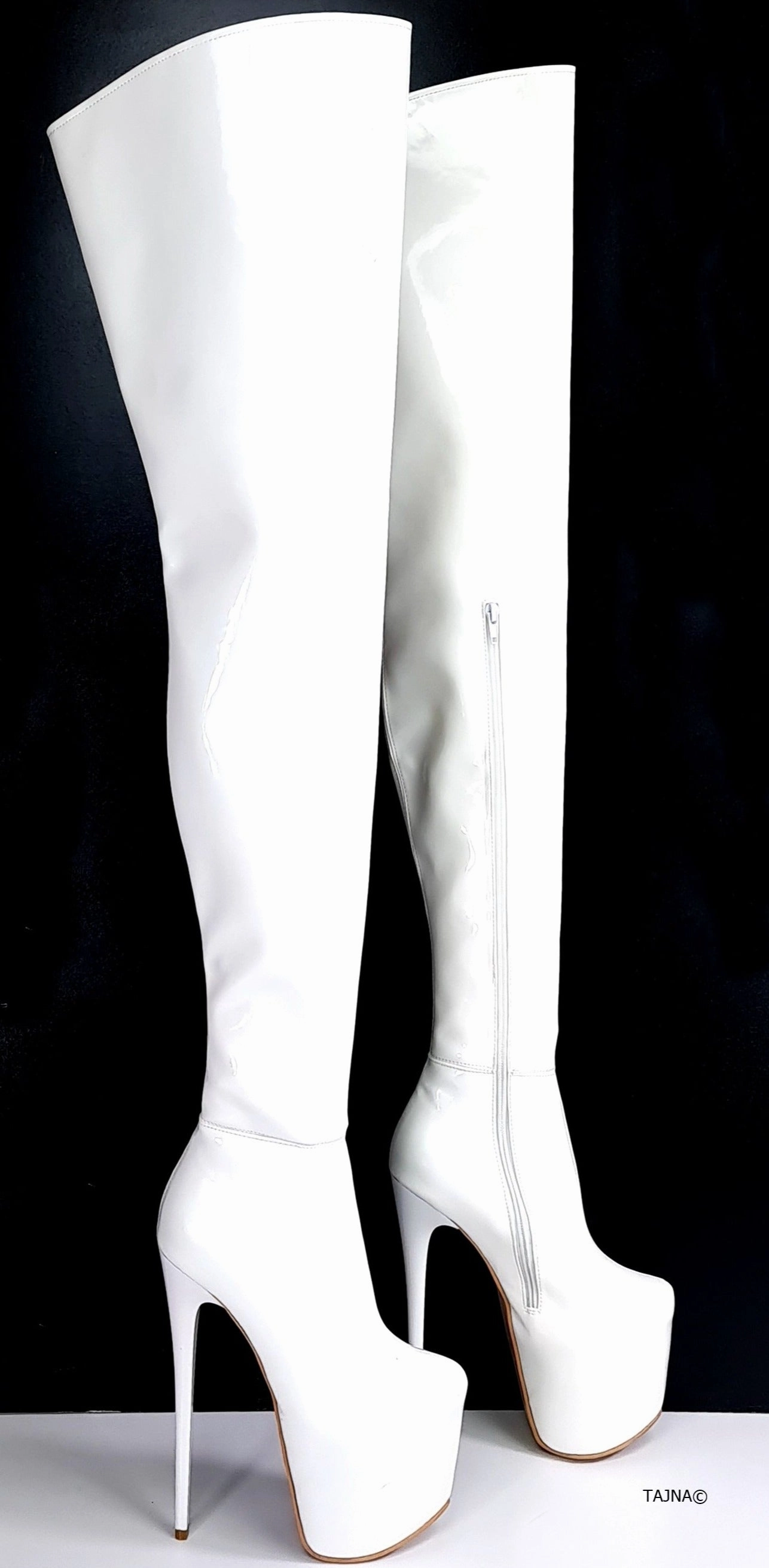 Glossy White Patent Thigh High Heel Boots