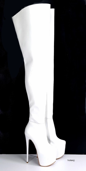 Glossy White Patent Thigh High Heel Boots