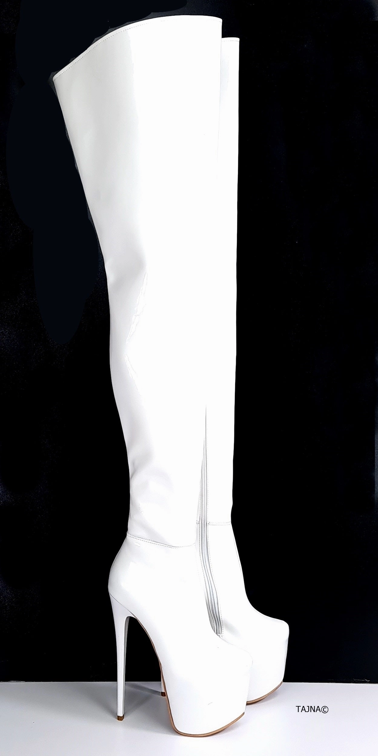 Glossy White Patent Thigh High Heel Boots