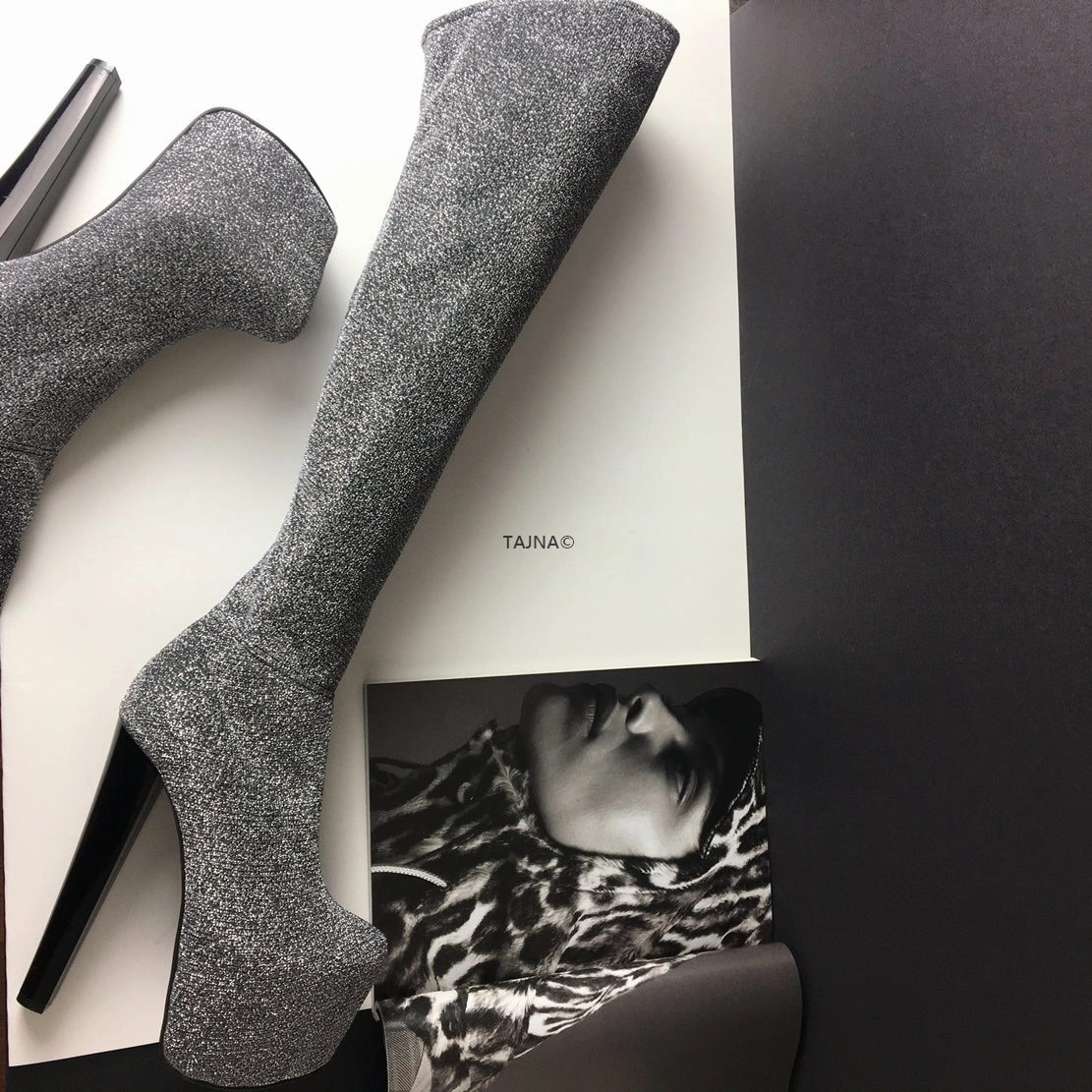 Gray Strech Knee High Platform Boots