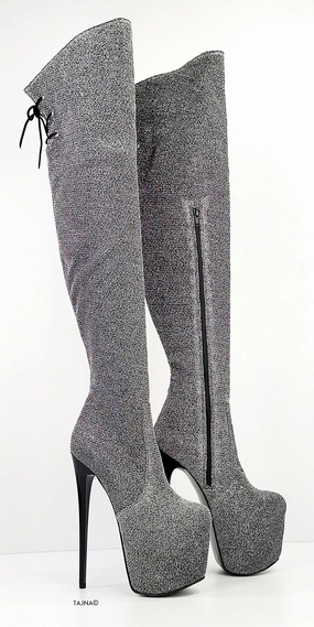 Grey Silver Shine Over Knee Heel Boots