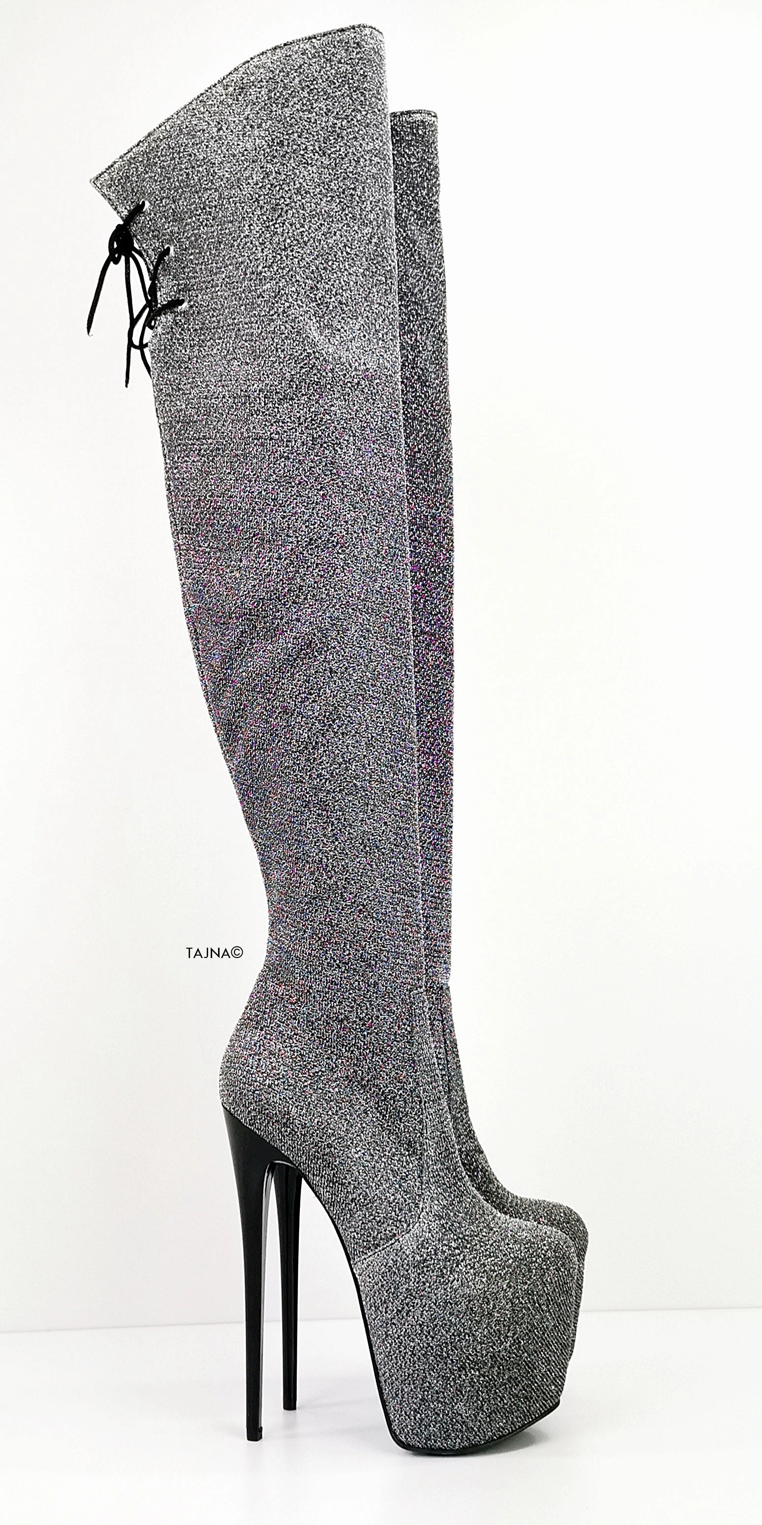 Grey Silver Shine Over Knee Heel Boots