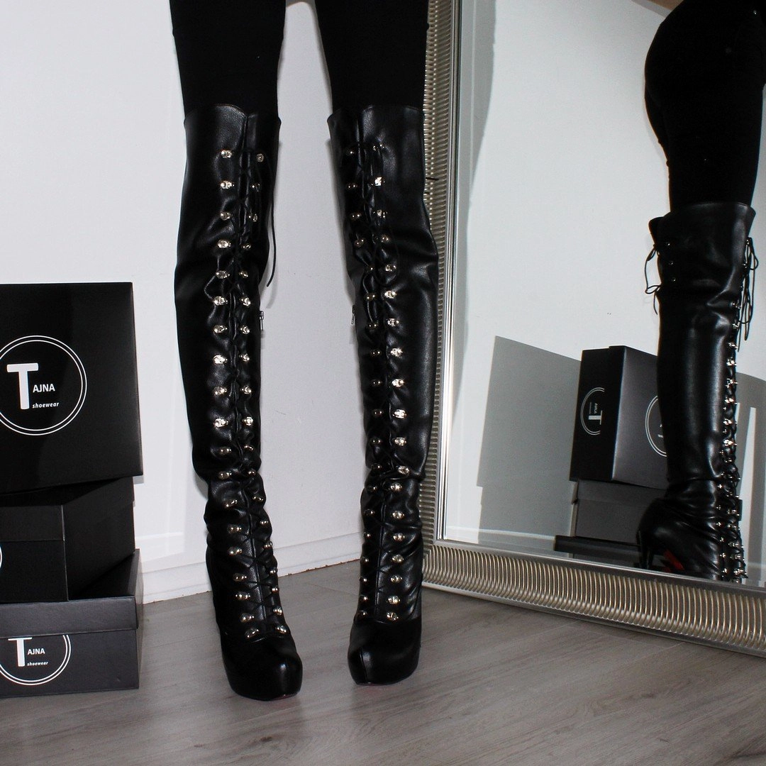Lace Up Black High Heel Platform Knee High Boots