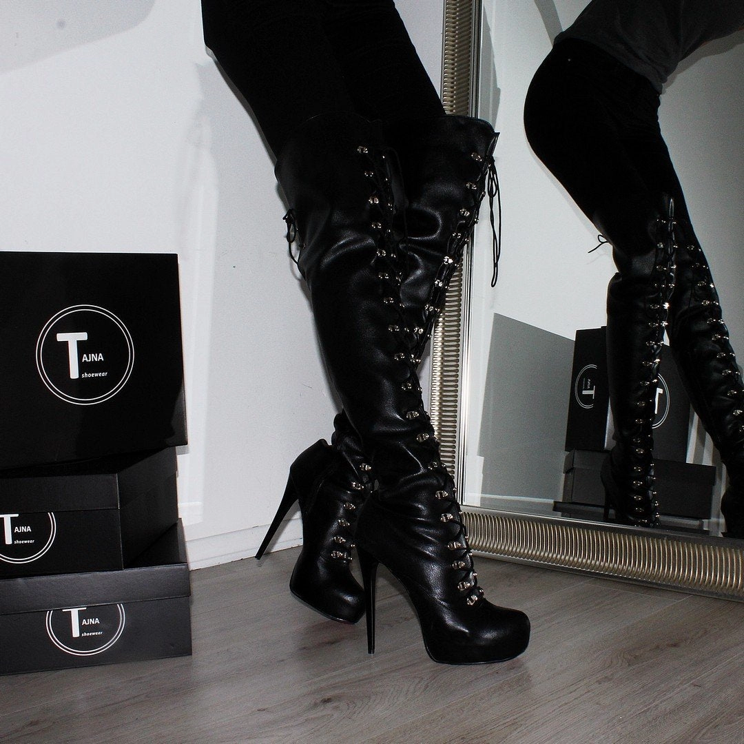 Lace Up Black High Heel Platform Knee High Boots