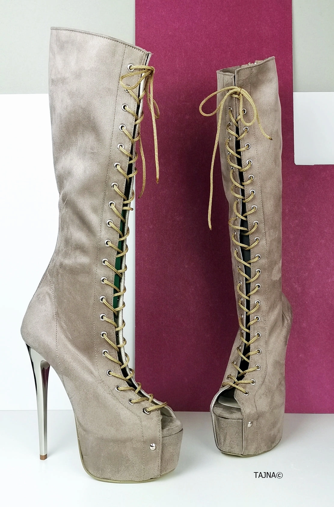 Lace Up Gladiator Beige Heel Boots