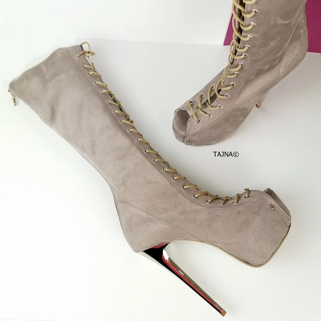 Lace Up Gladiator Beige Heel Boots