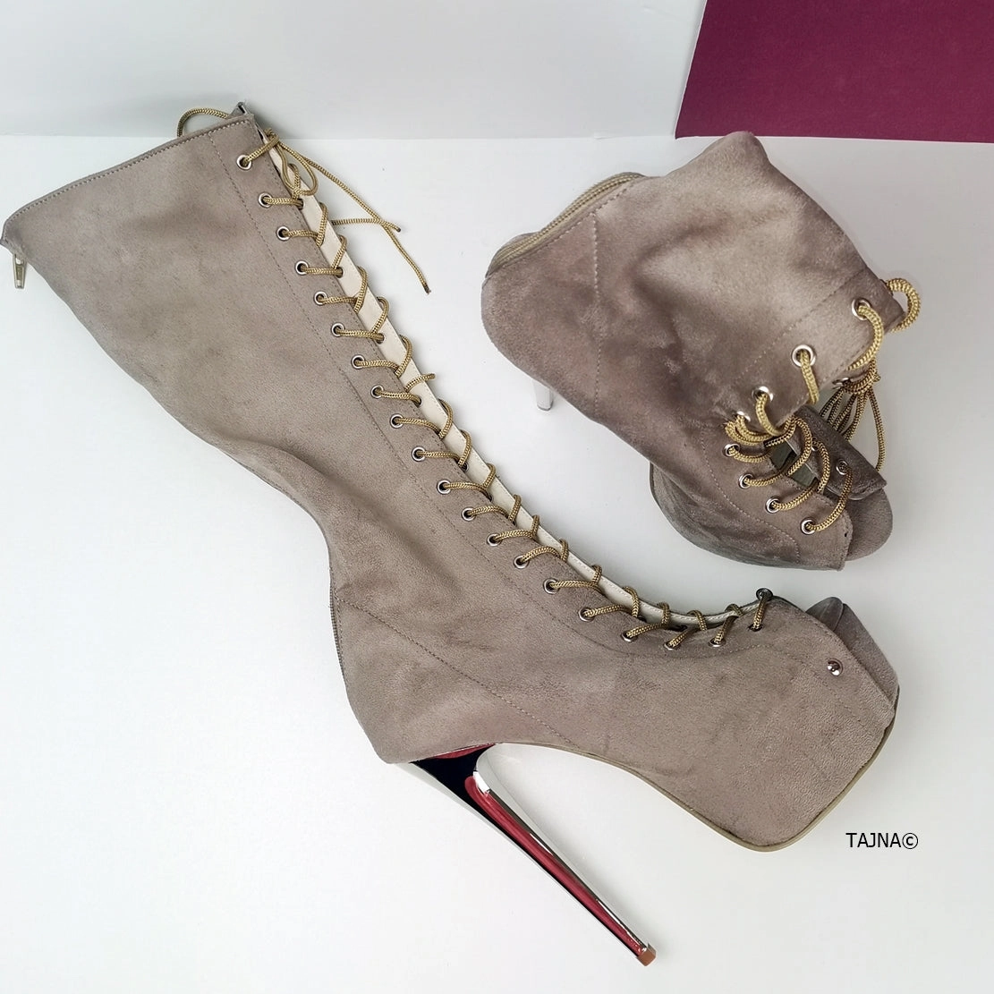 Lace Up Gladiator Beige Heel Boots