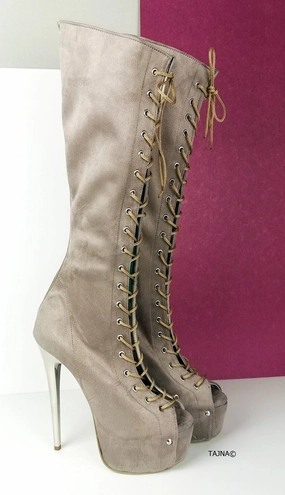 Lace Up Gladiator Beige Heel Boots