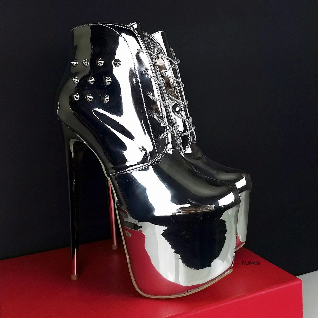 Lace Up Silver Mirror Spike Boots