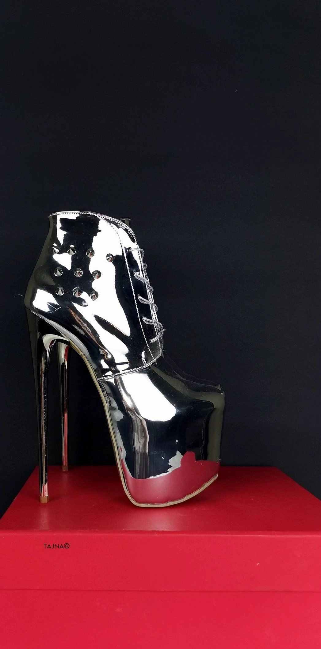Lace Up Silver Mirror Spike Boots
