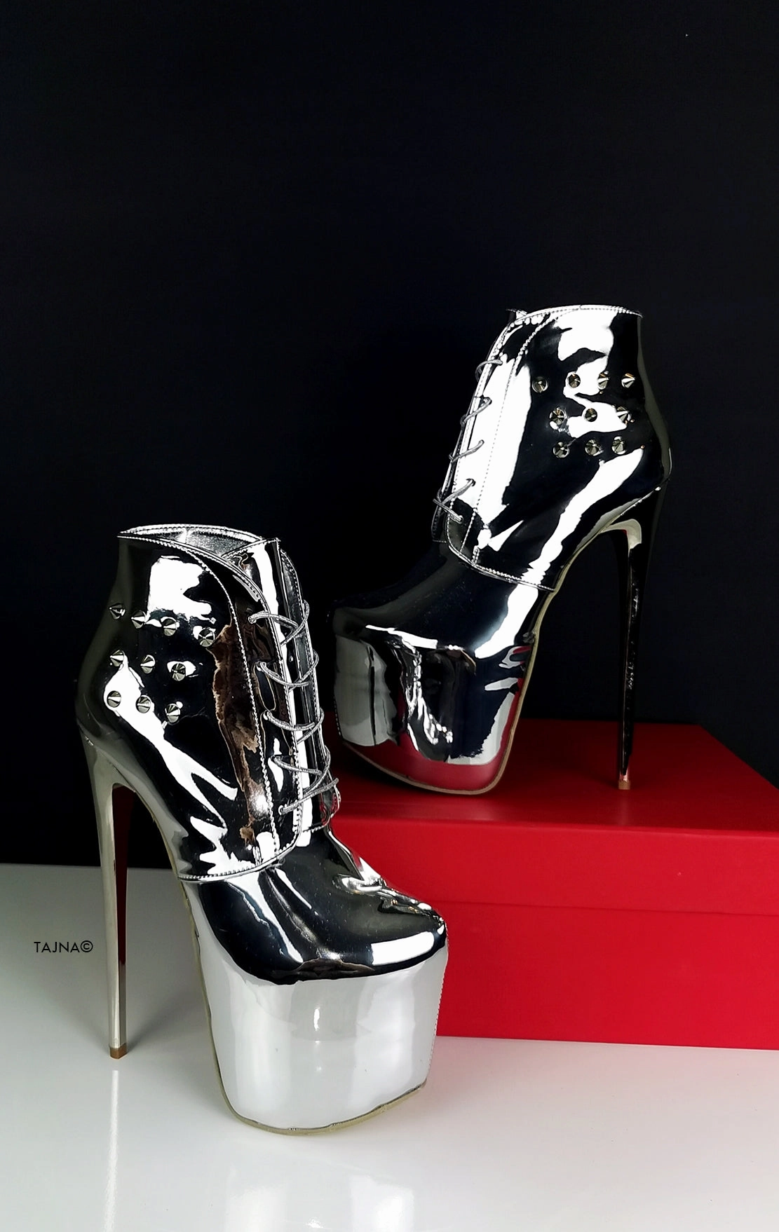 Lace Up Silver Mirror Spike Boots