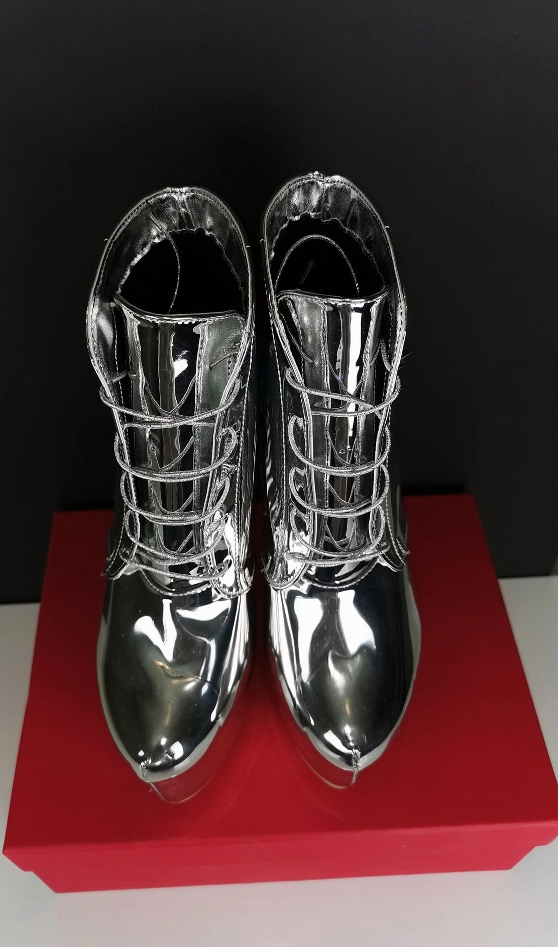Lace Up Silver Mirror Spike Boots