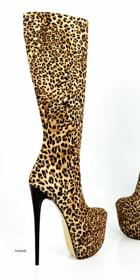 Leopard Mid Calf High Heel Boots