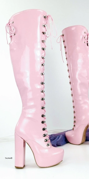Light Pink Chunky Heel Military Style Long Boots