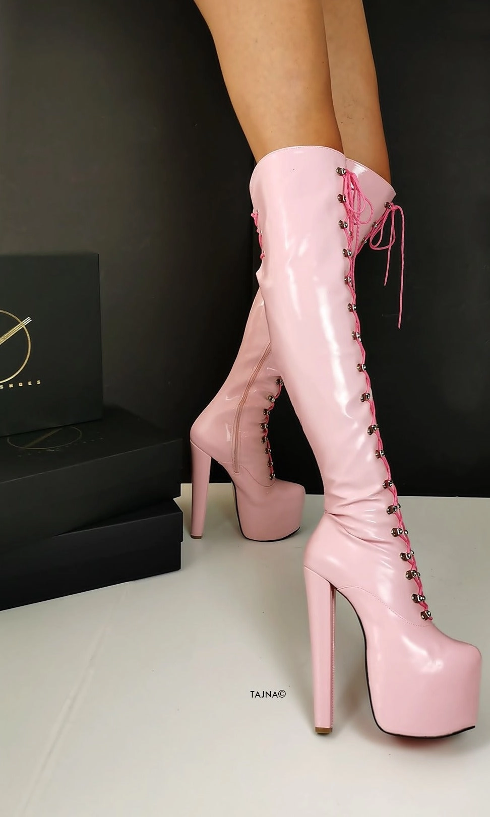 Light Pink Patent Military Style Lace Up Boots