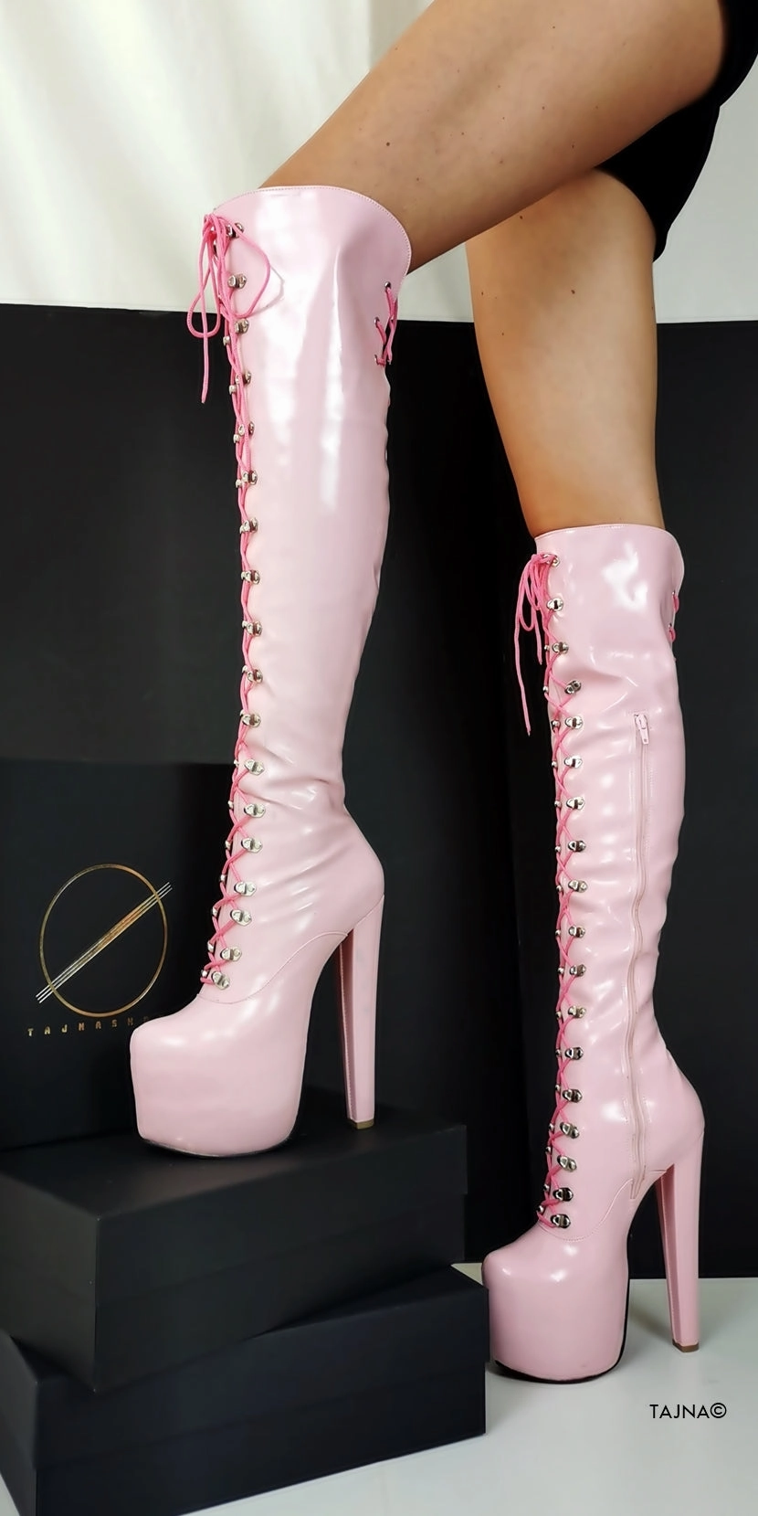 Light Pink Patent Military Style Lace Up Boots