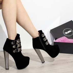 Metallic Belted Black Suede Ankle Booties