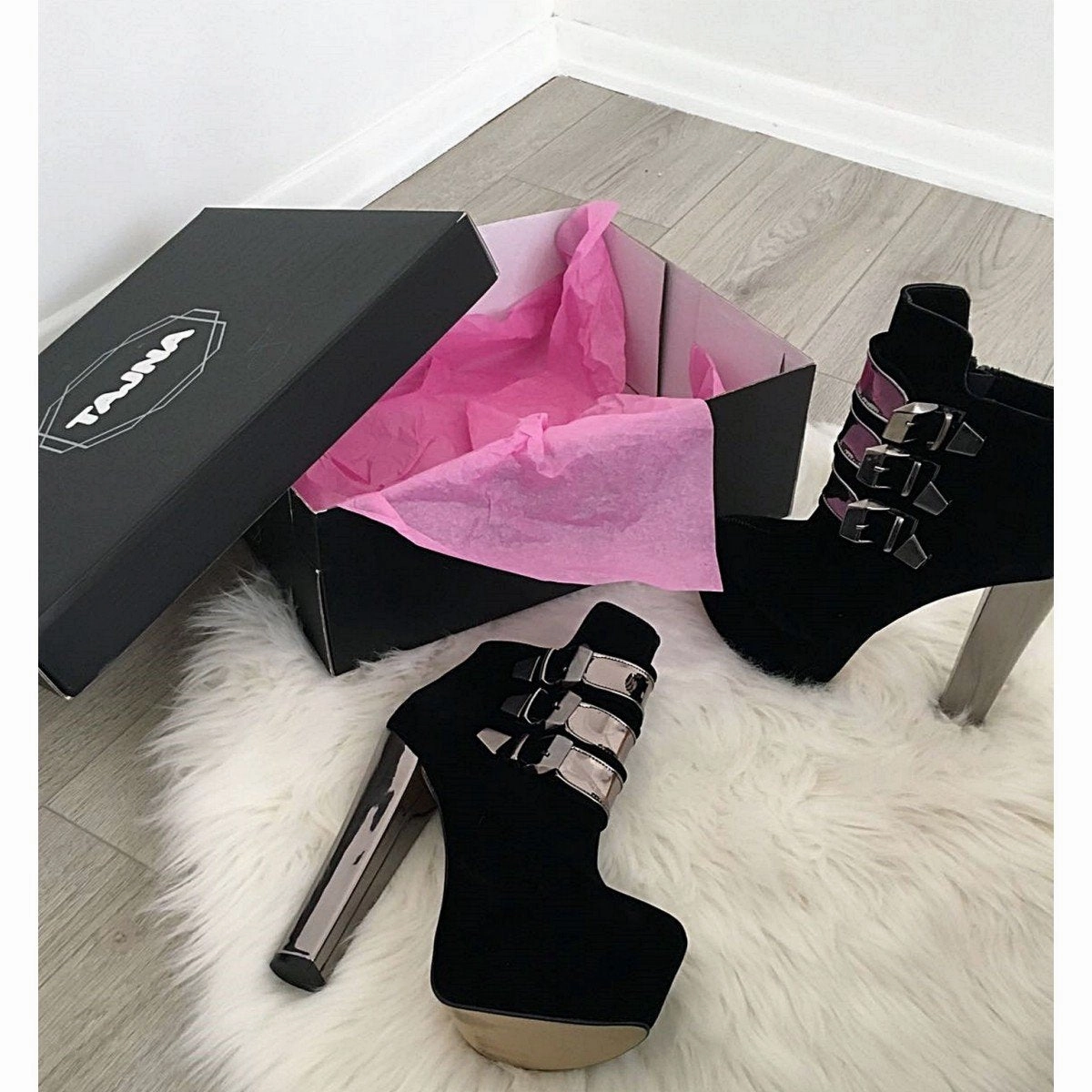 Metallic Belted Black Suede Ankle Booties