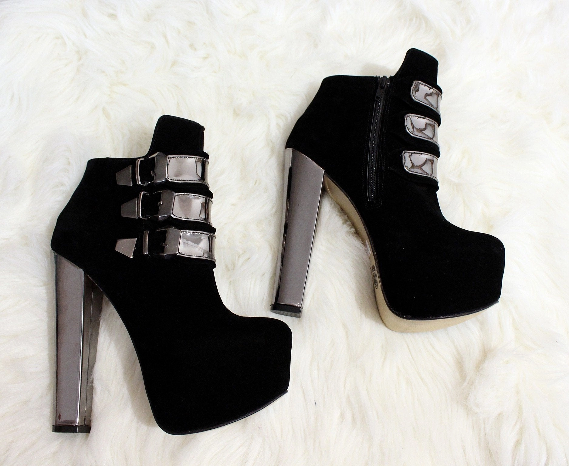 Metallic Belted Black Suede Ankle Booties