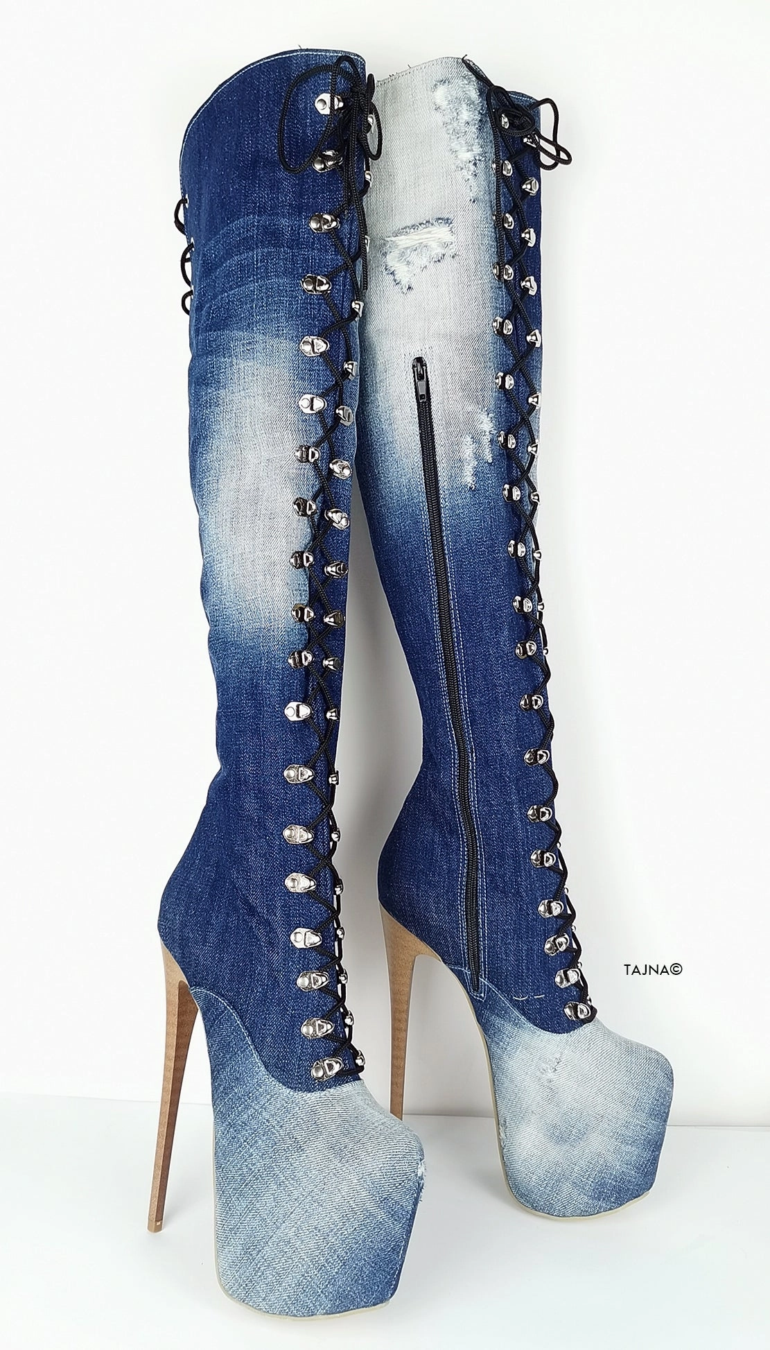 Military Style Denim Jean Over the Knee Boots
