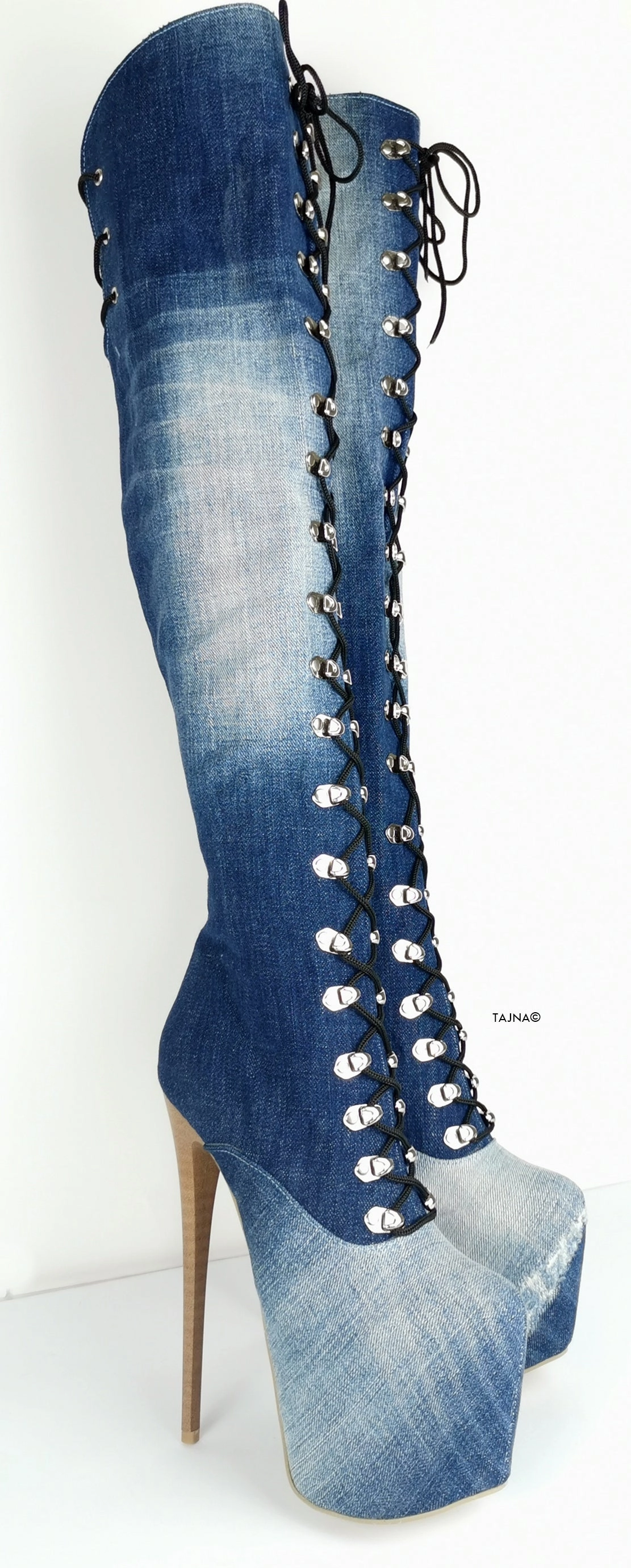 Military Style Denim Jean Over the Knee Boots