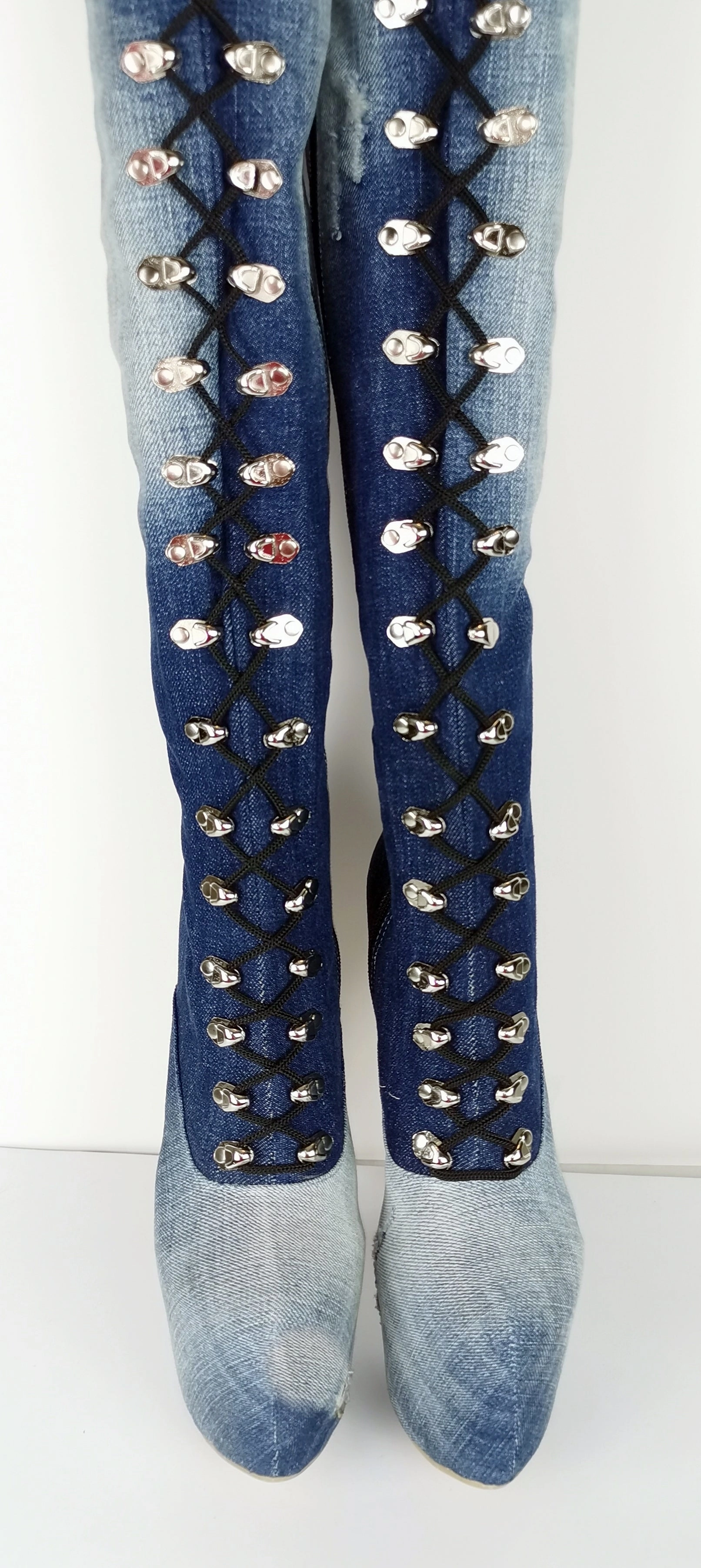 Military Style Denim Jean Over the Knee Boots