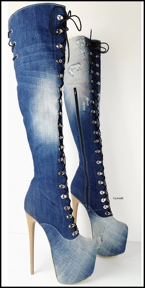 Military Style Denim Jean Over the Knee Boots