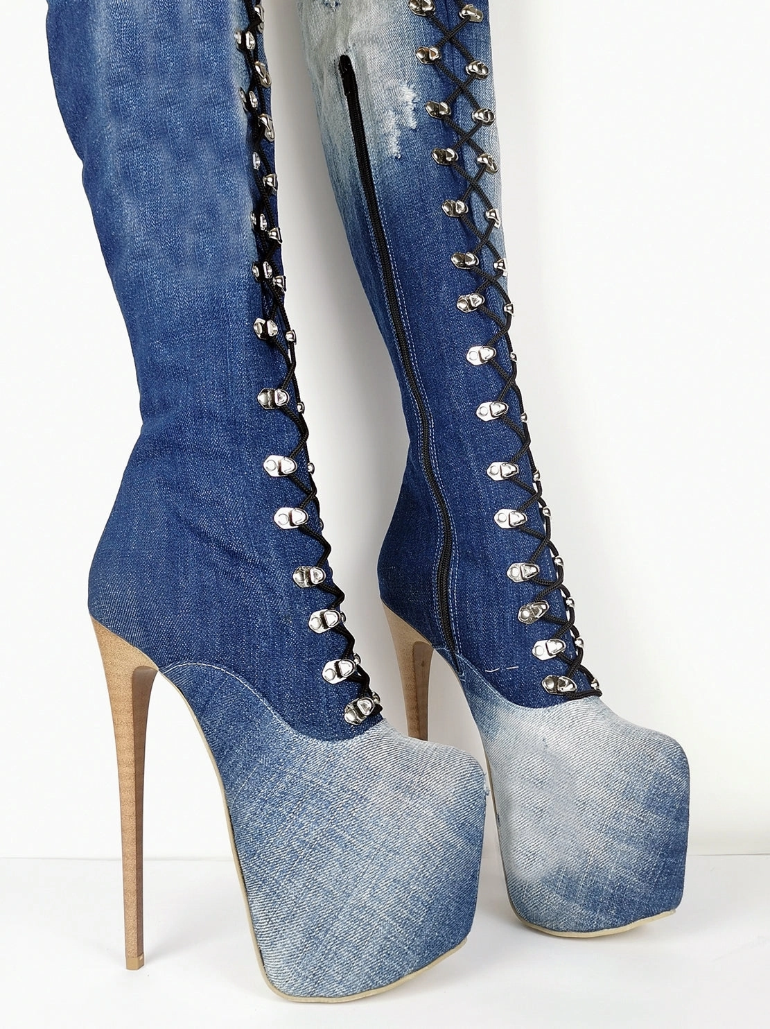 Military Style Denim Jean Over the Knee Boots