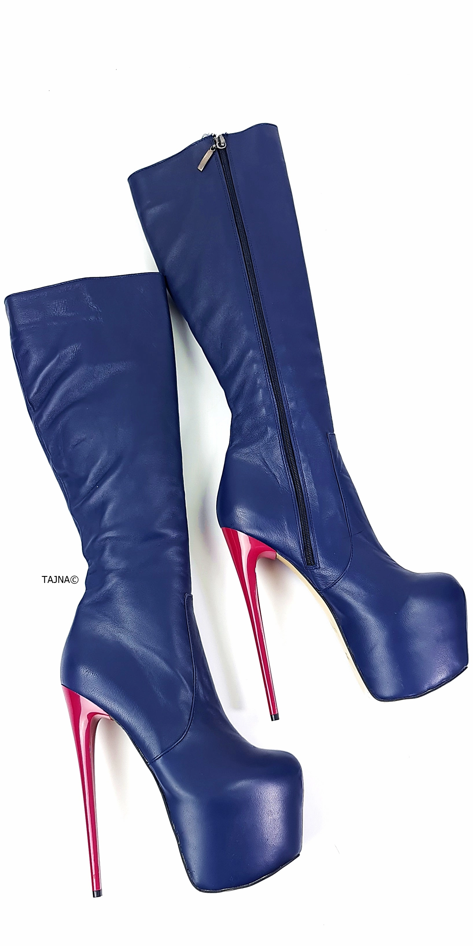 Navy Blue Genuine Leather Mid Calf Boots