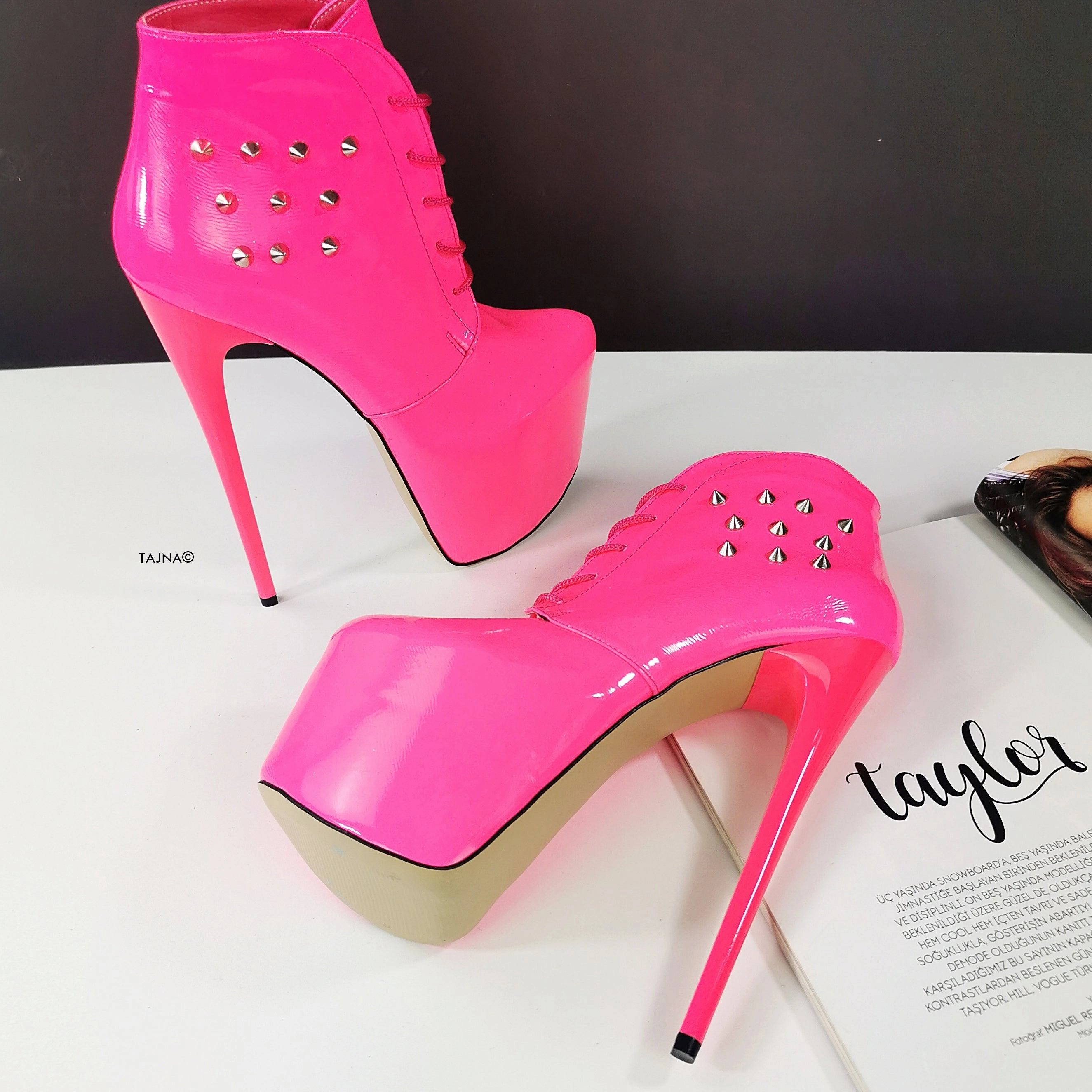 Neon Pink Stud Ankle High Heel Boots
