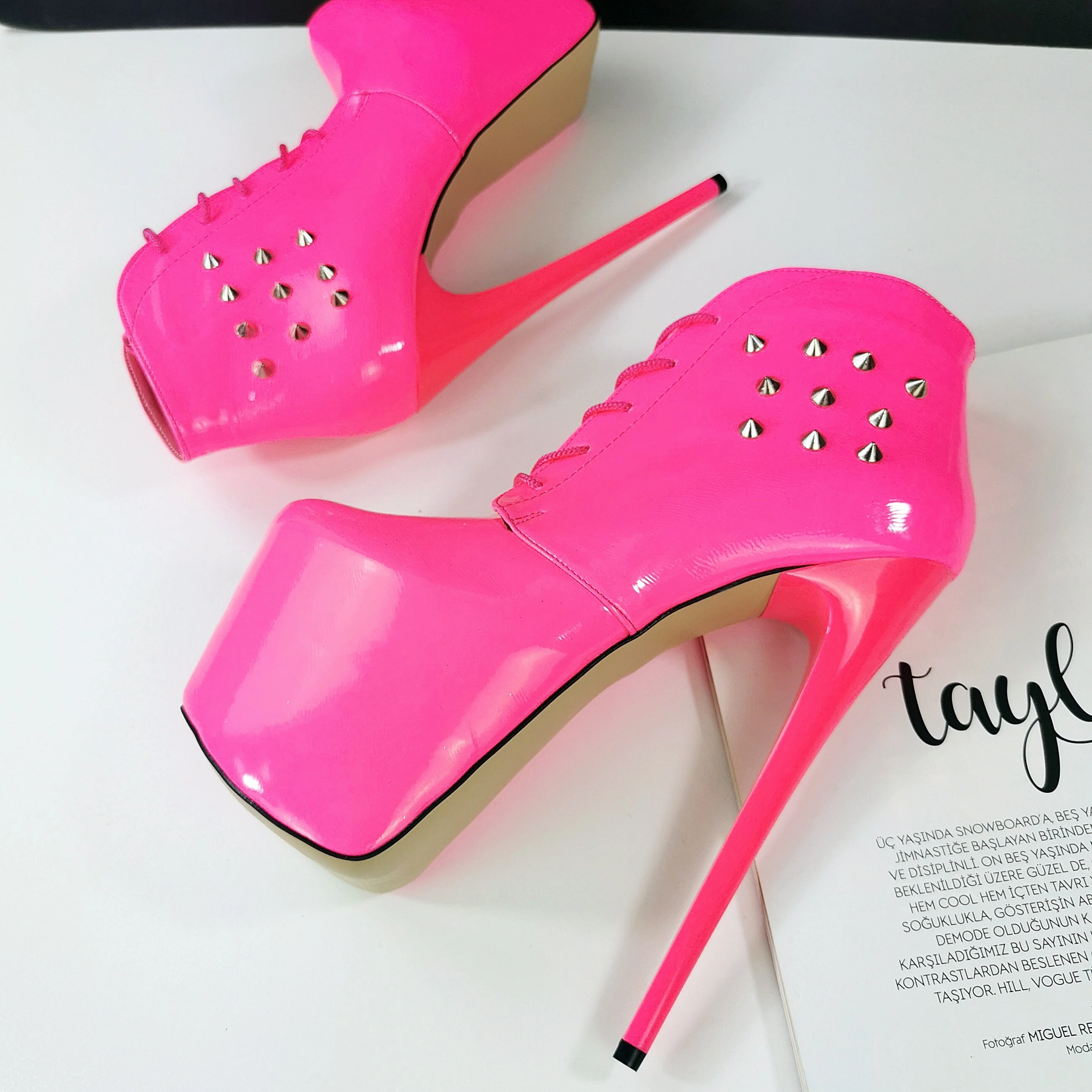 Neon Pink Stud Ankle High Heel Boots