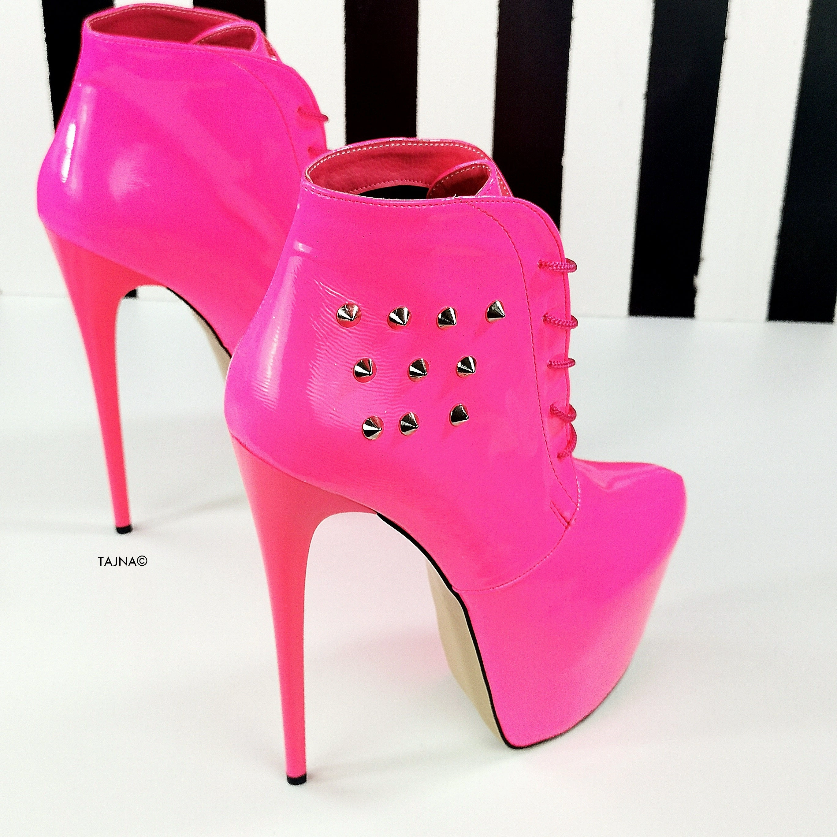 Neon Pink Stud Ankle High Heel Boots