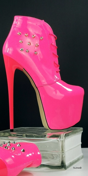 Neon Pink Stud Ankle High Heel Boots
