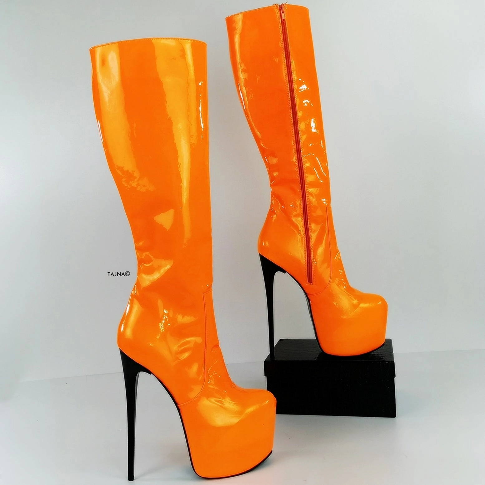 Orange Neon Gloss Mid Calf High Heel Boots