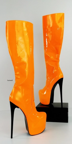 Orange Neon Gloss Mid Calf High Heel Boots