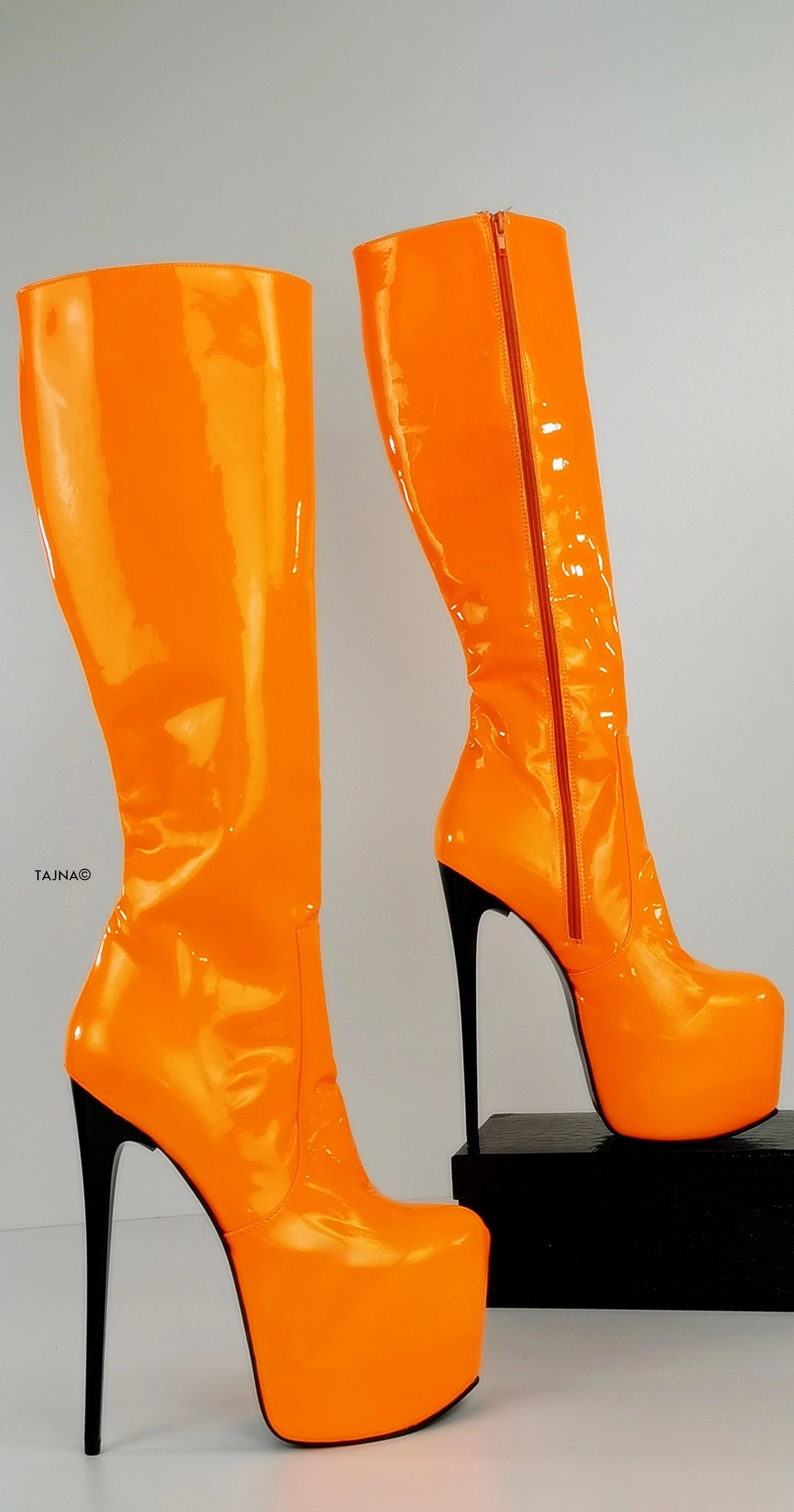Orange Neon Gloss Mid Calf High Heel Boots