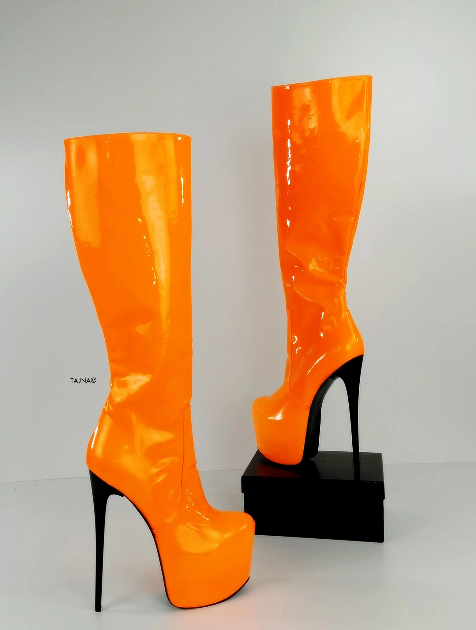 Orange Neon Gloss Mid Calf High Heel Boots