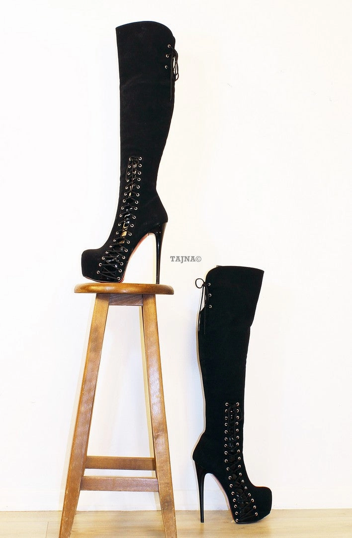 Over-knee High Heel Platform Boots Black Corset