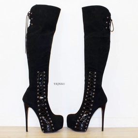 Over-knee High Heel Platform Boots Black Corset
