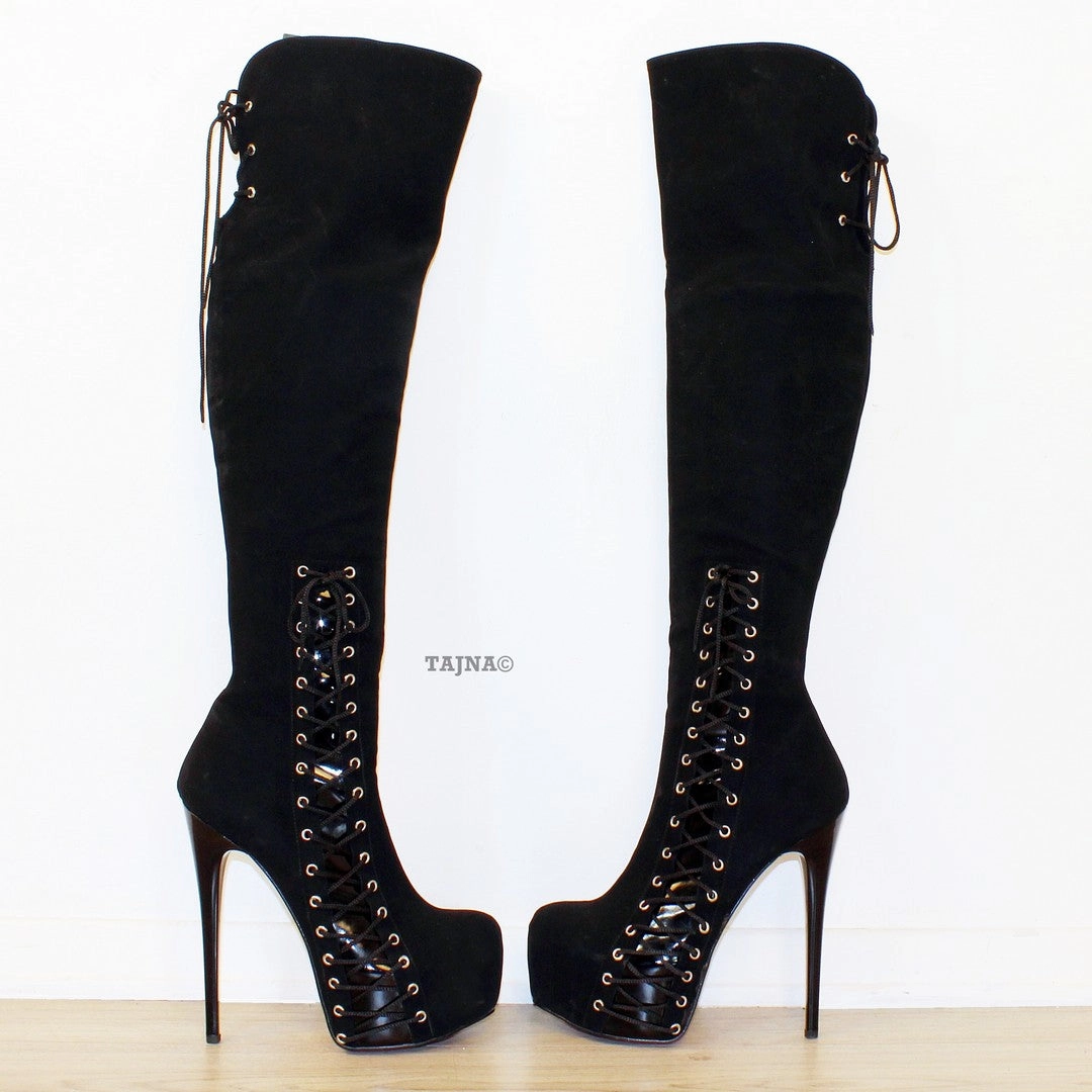 Over-knee High Heel Platform Boots Black Corset
