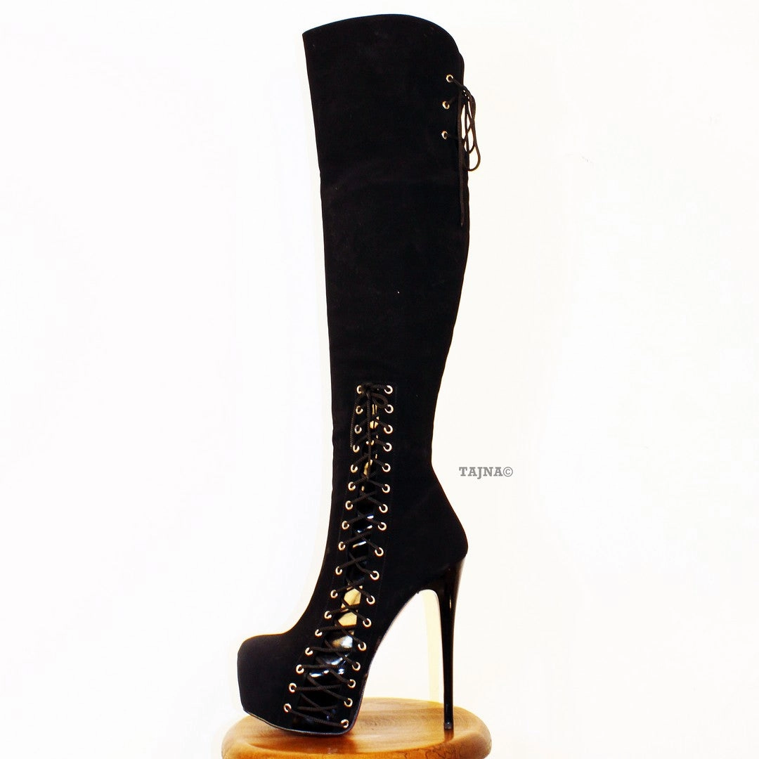 Over-knee High Heel Platform Boots Black Corset